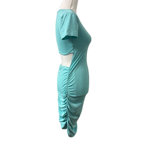 Turquoise Cutout Back Ruched Bodycon Dress Short Sleeve Stretch SizeM Popular 21 - Picture 4 of 11